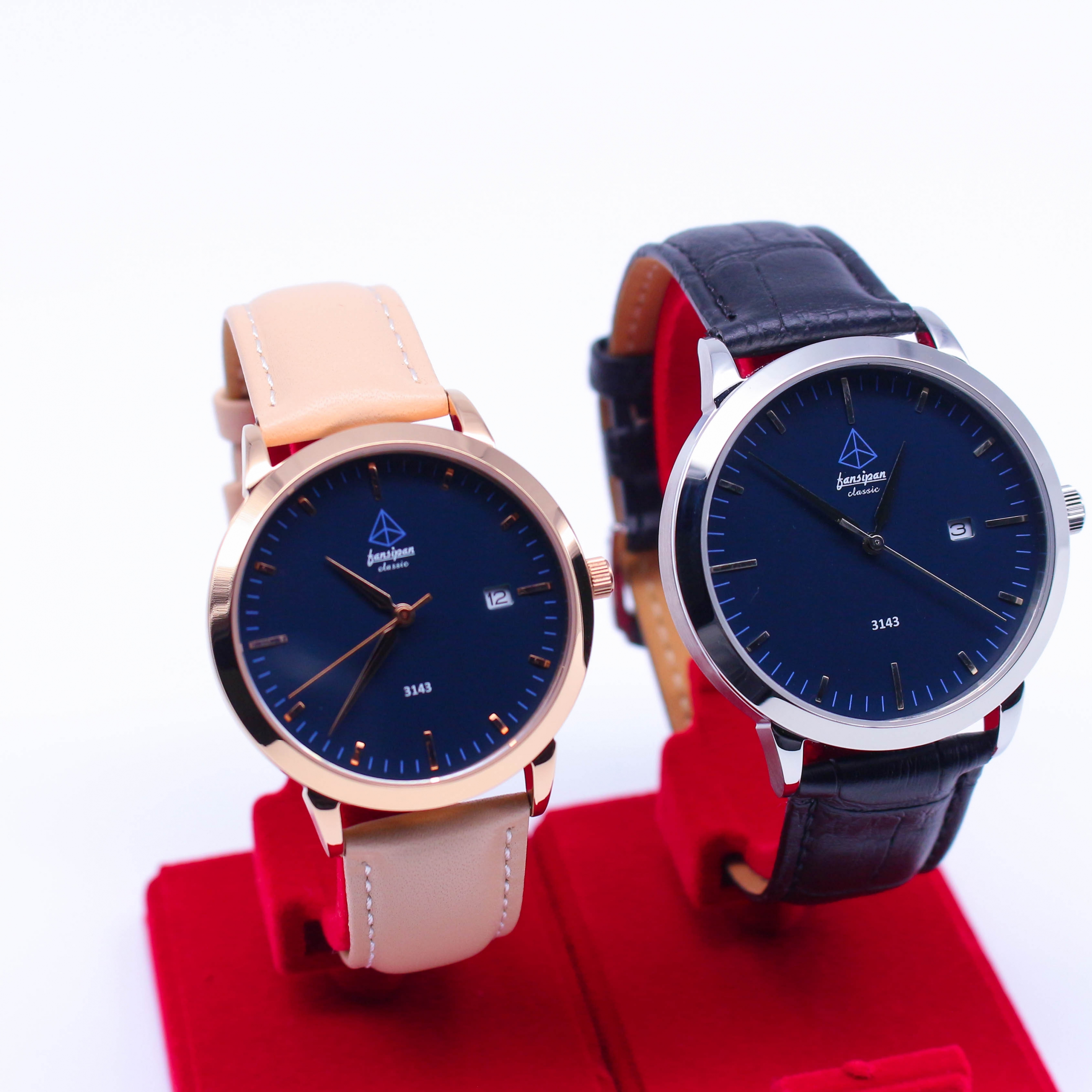 ĐỒNG HỒ ĐÔI FANSIPAN V18 SILVER NAVY BLUE DÂY DA