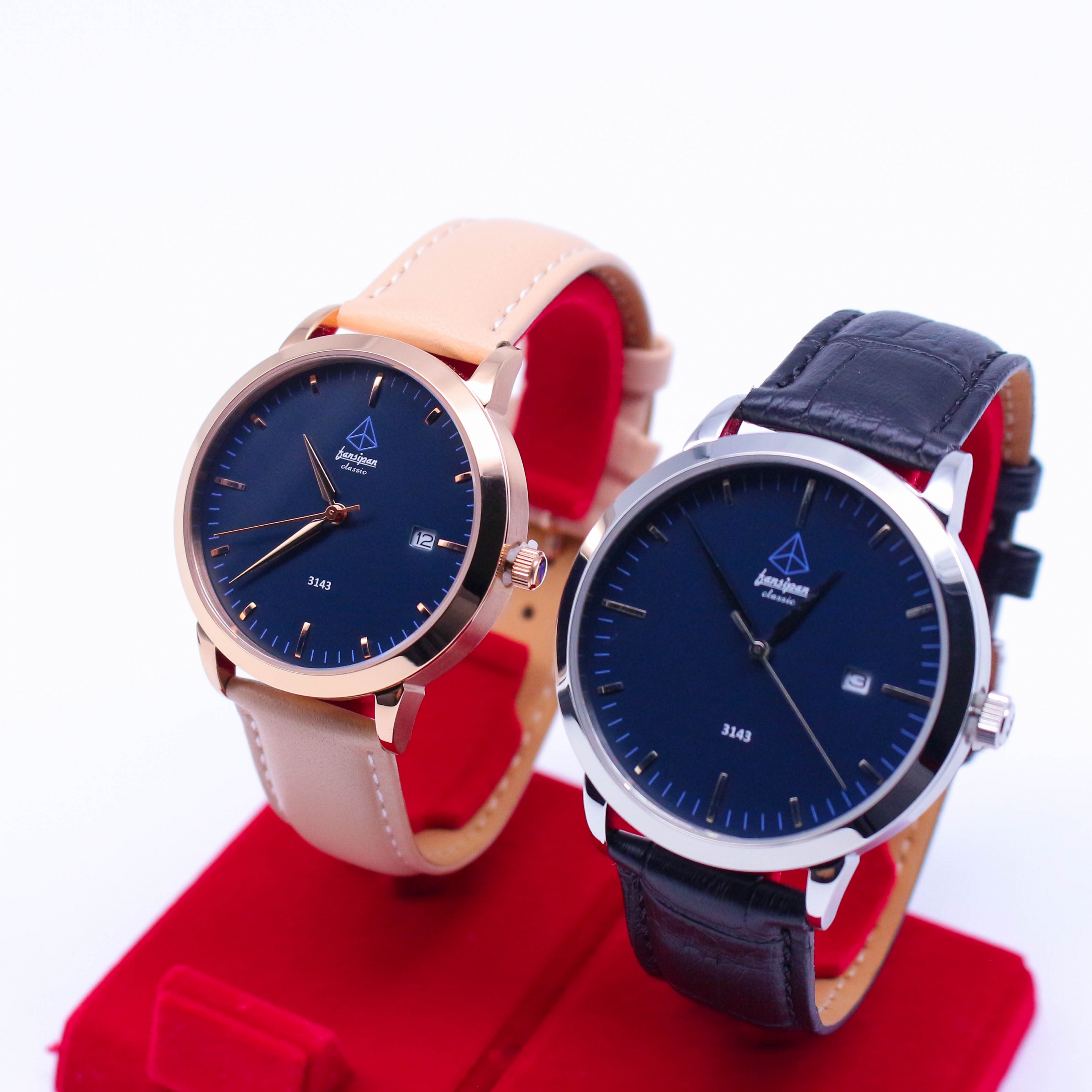 ĐỒNG HỒ ĐÔI FANSIPAN V18 SILVER NAVY BLUE DÂY DA