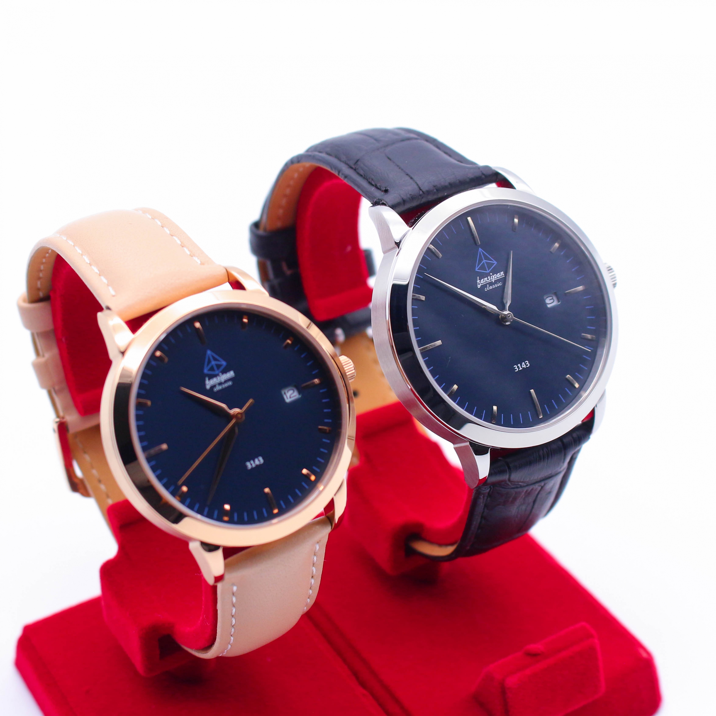 ĐỒNG HỒ ĐÔI FANSIPAN V18 SILVER NAVY BLUE DÂY DA