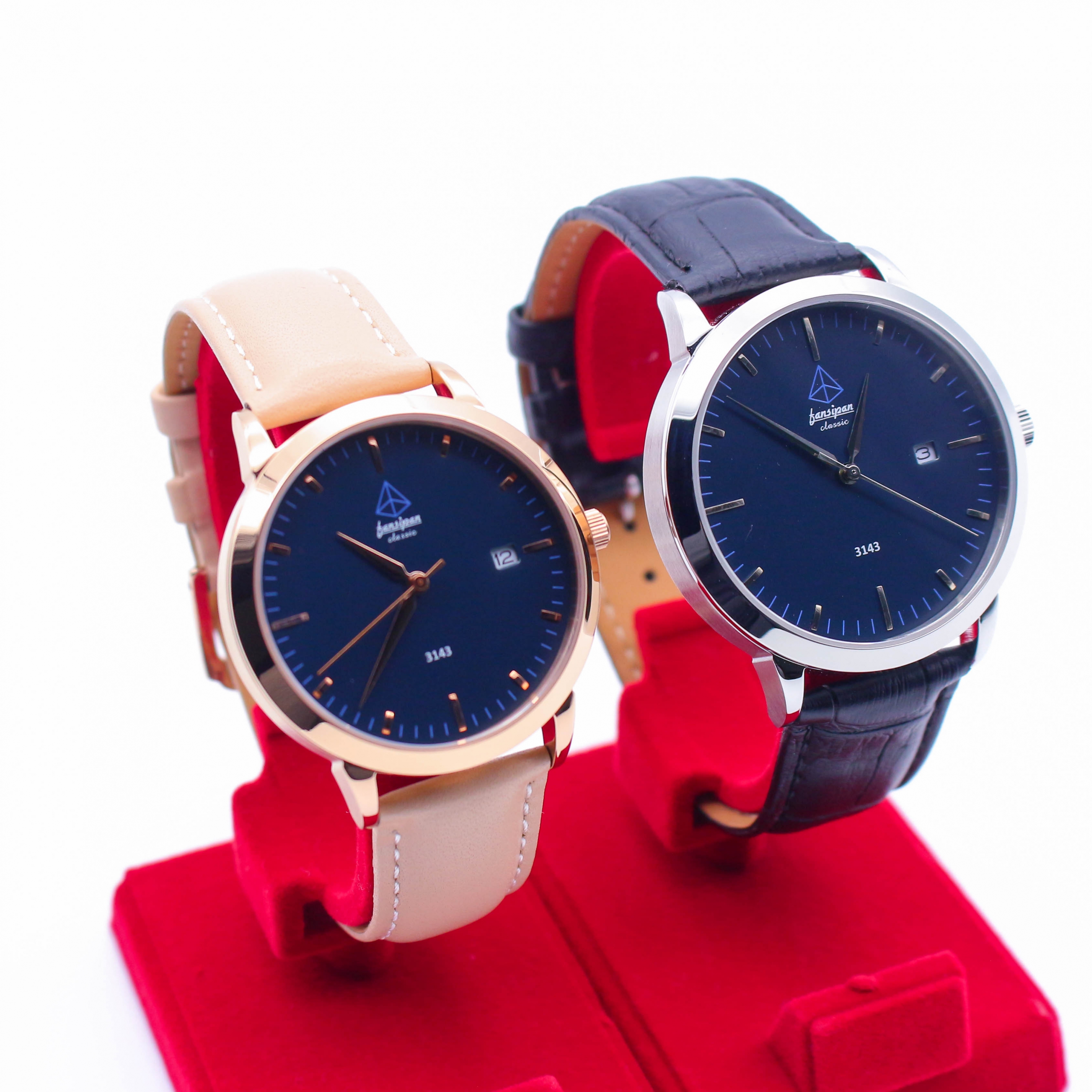 ĐỒNG HỒ ĐÔI FANSIPAN V18 SILVER NAVY BLUE DÂY DA