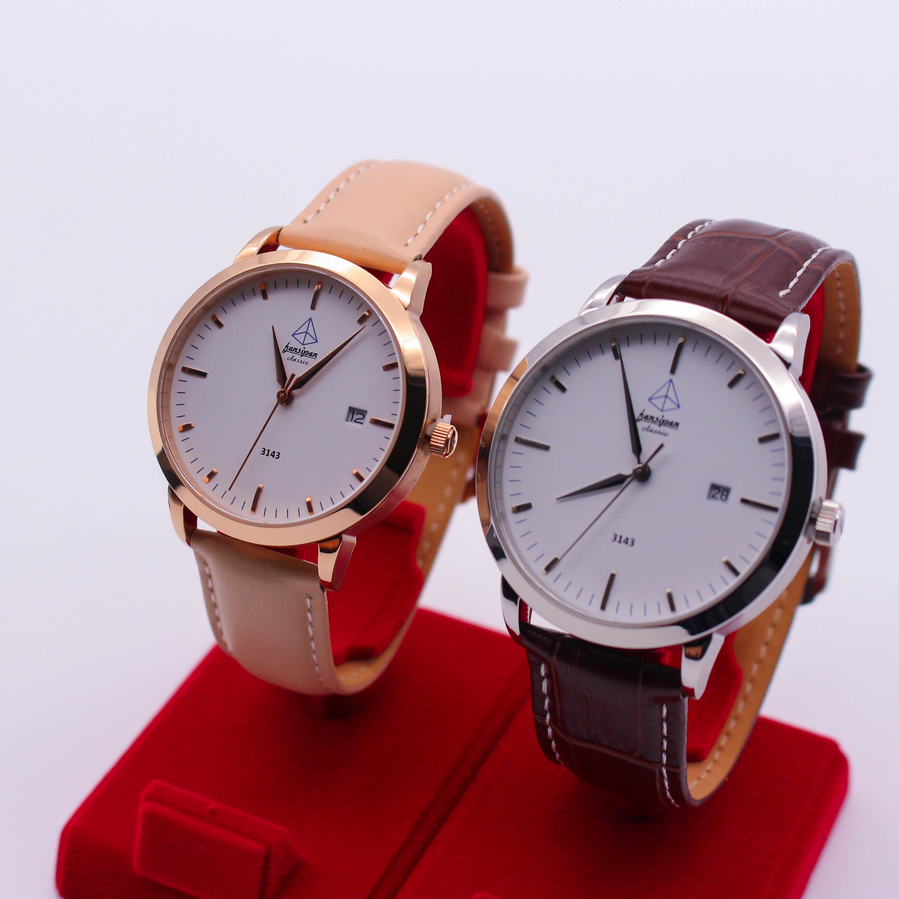 ĐỒNG HỒ ĐÔI FANSIPAN V18 GOLD WHITE DÂY DA