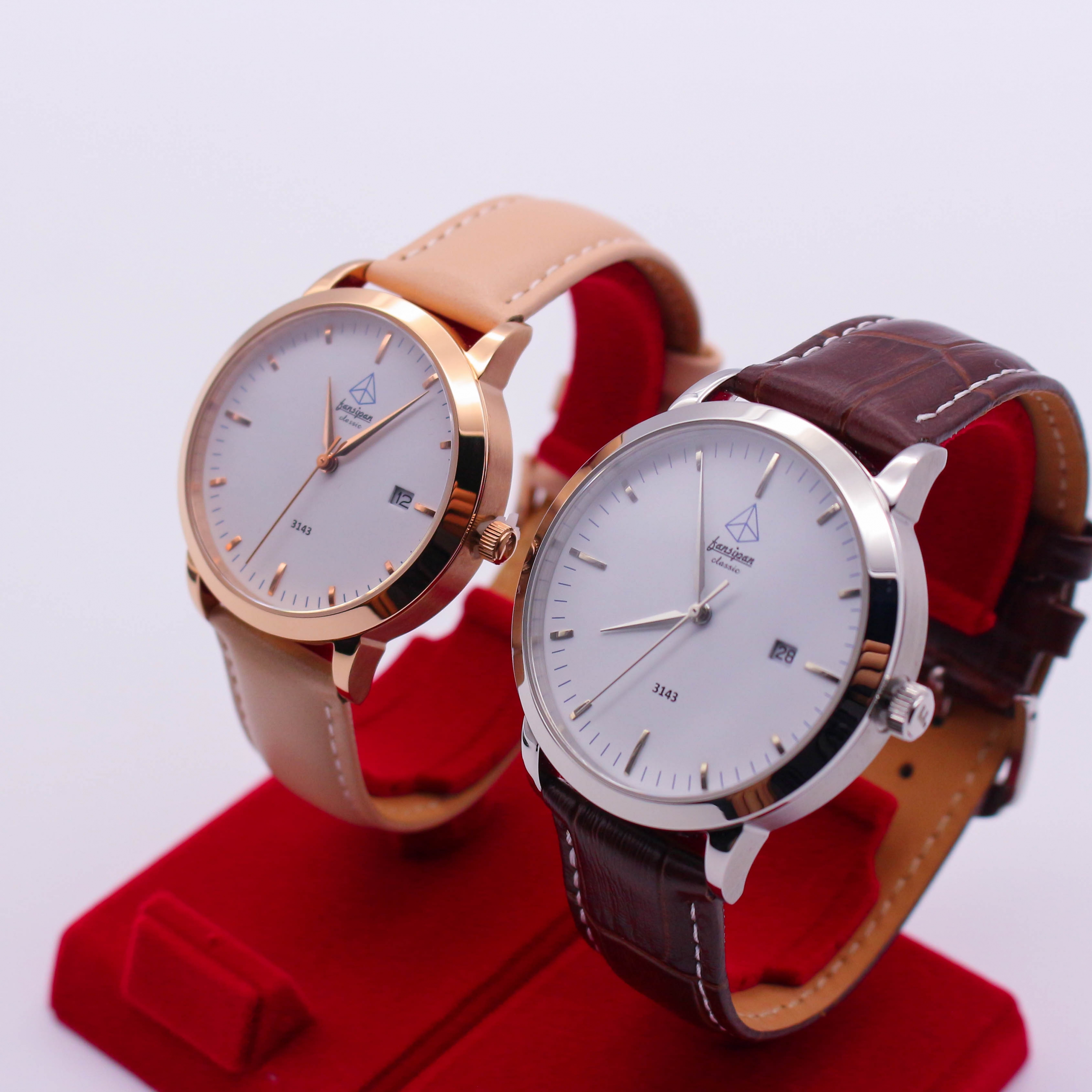 ĐỒNG HỒ ĐÔI FANSIPAN V18 GOLD WHITE DÂY DA