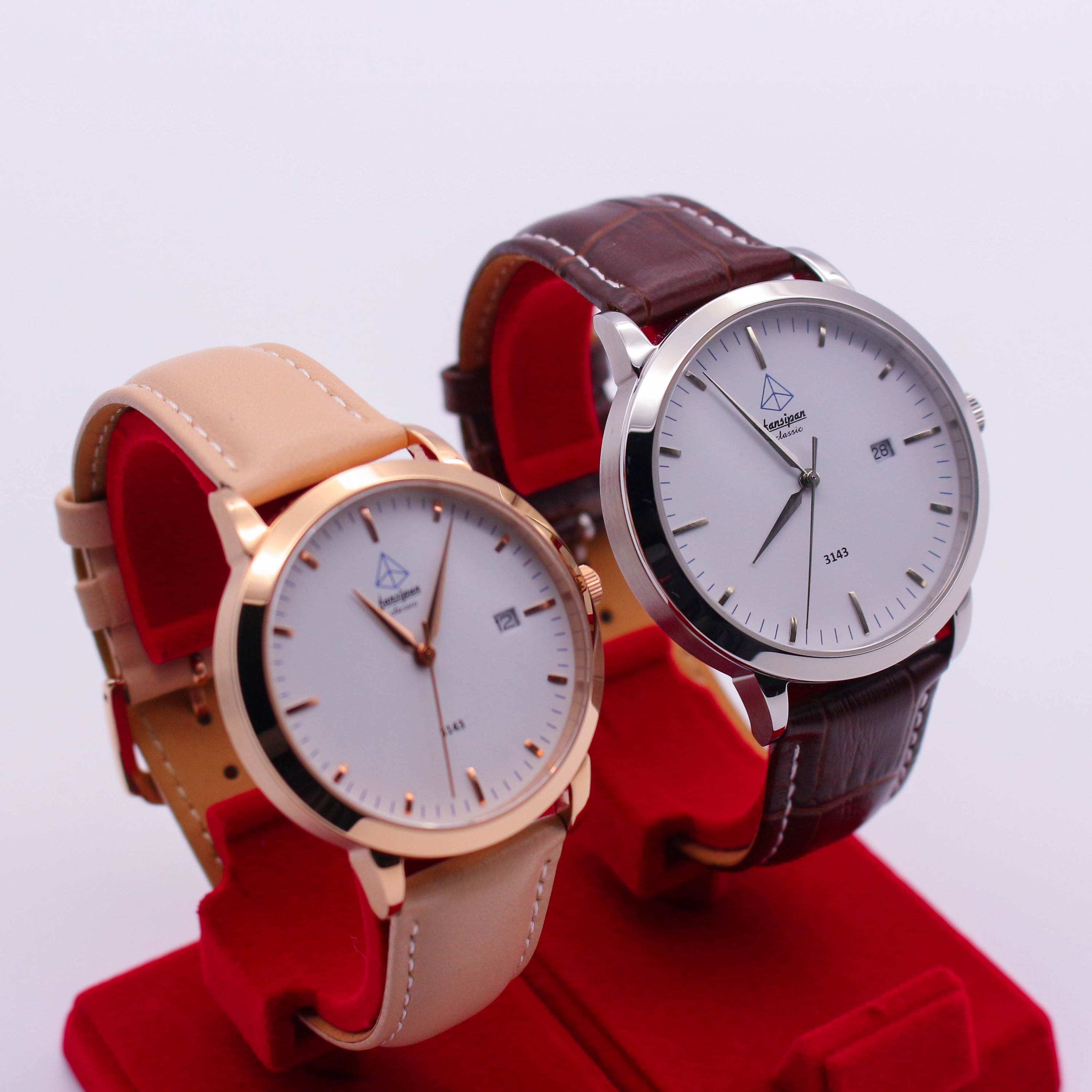 ĐỒNG HỒ ĐÔI FANSIPAN V18 GOLD WHITE DÂY DA