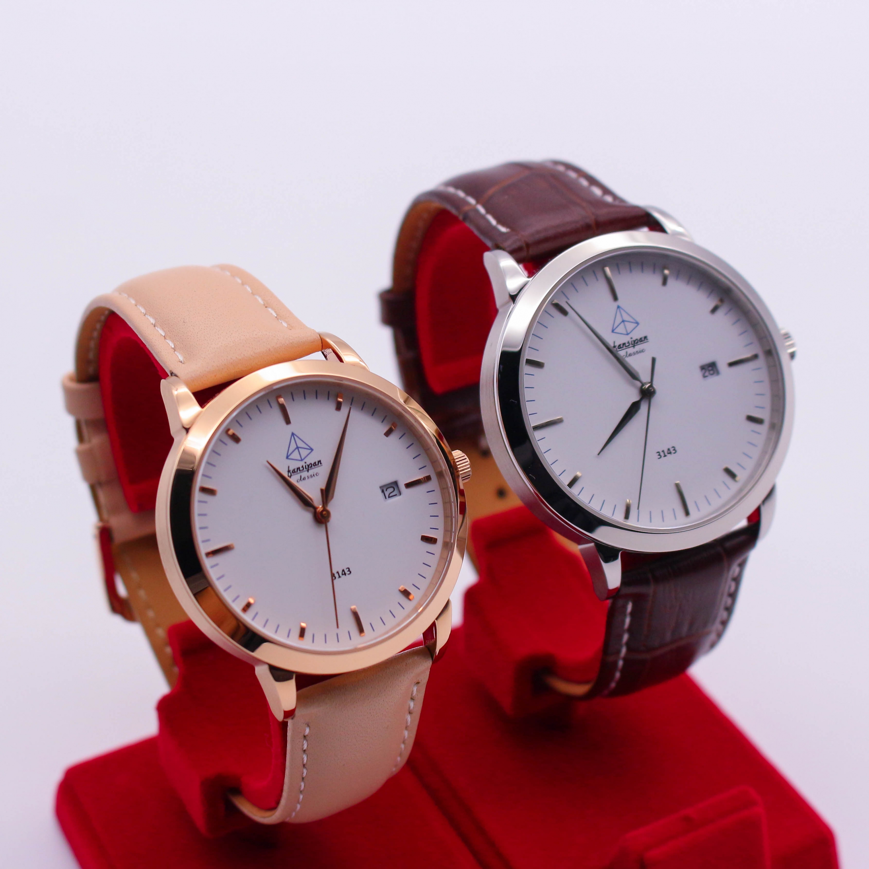 ĐỒNG HỒ ĐÔI FANSIPAN V18 GOLD WHITE DÂY DA